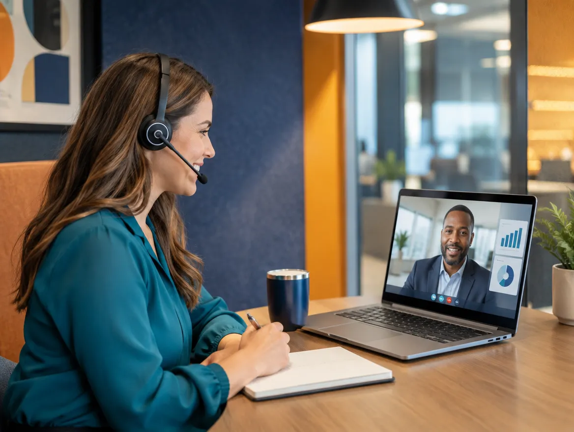 Auto loan agent in a headset on a video call with a customer