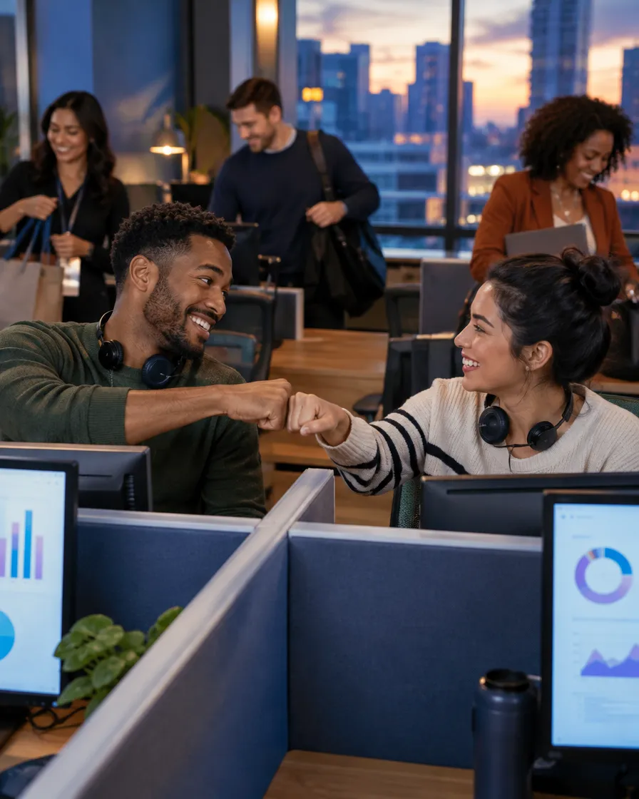 Auto loan support team celebrating with a fist bump