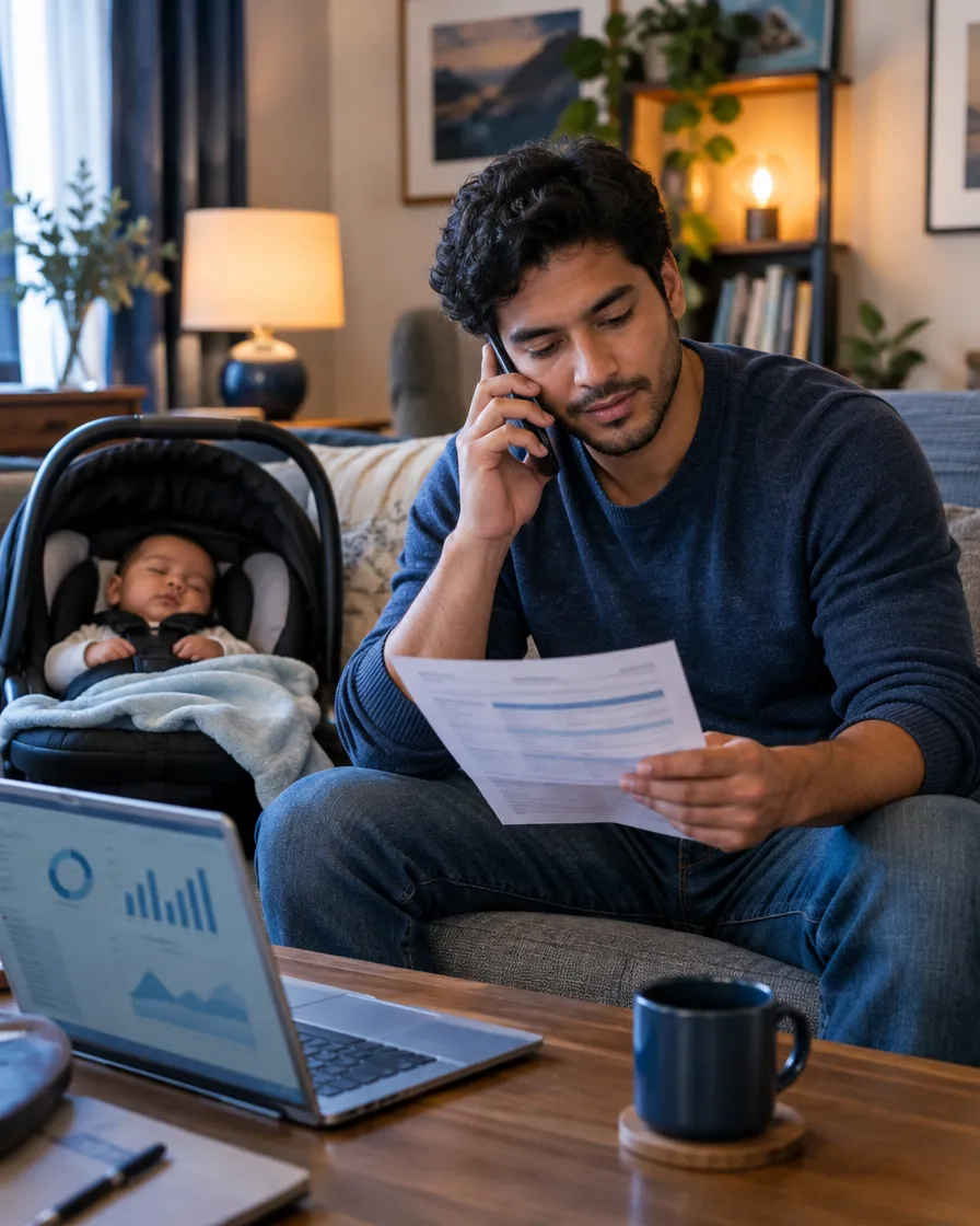 Man on the phone reviewing a claim document at home