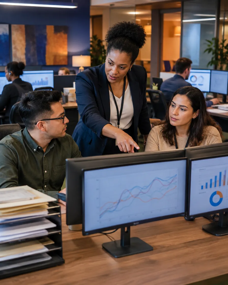 Claims team reviewing files together at a desk