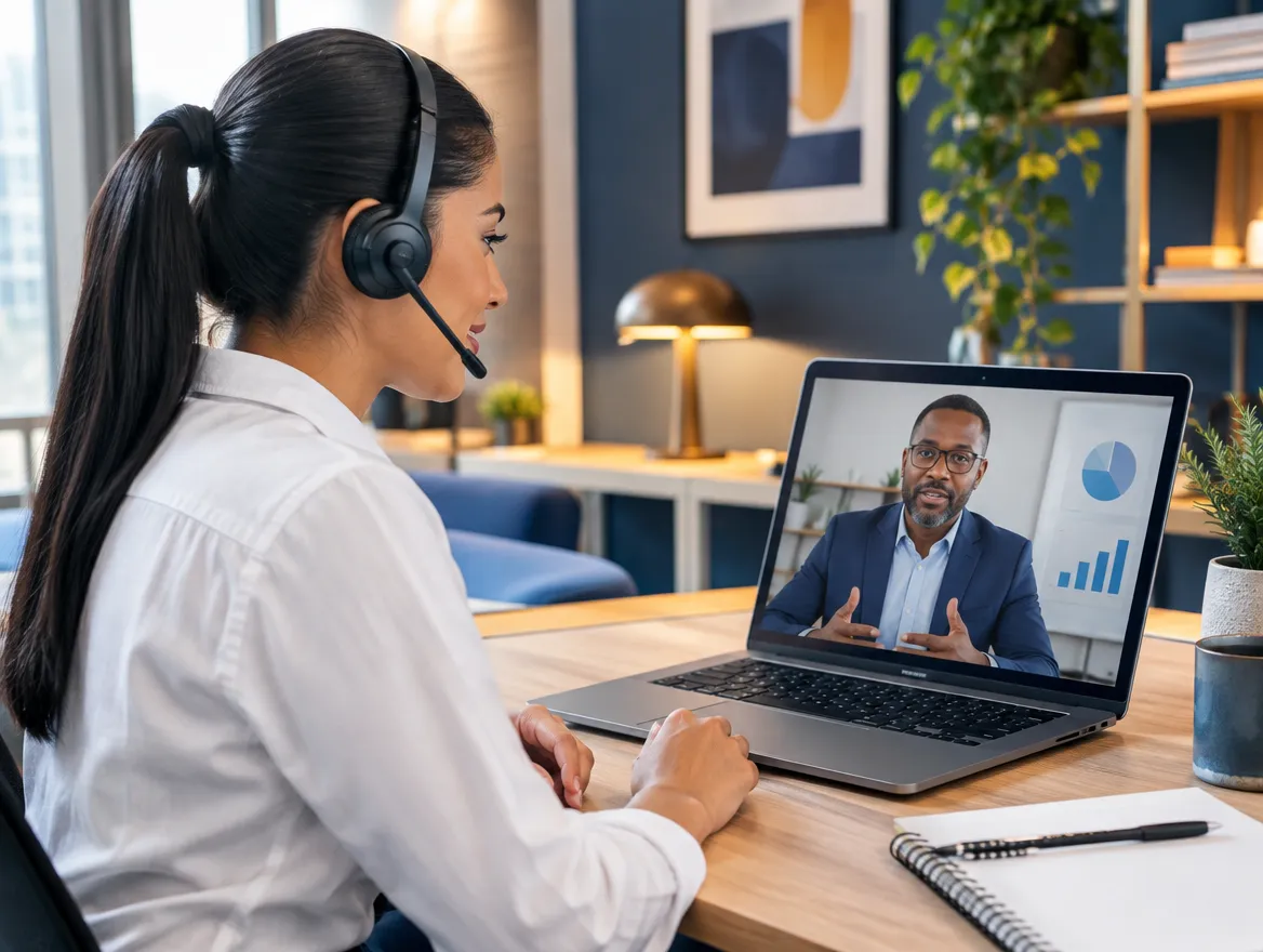 Claims agent in a headset on a video call