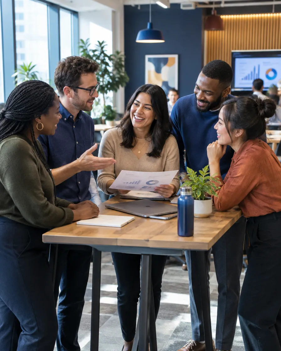 Claims support team talking around a standing table