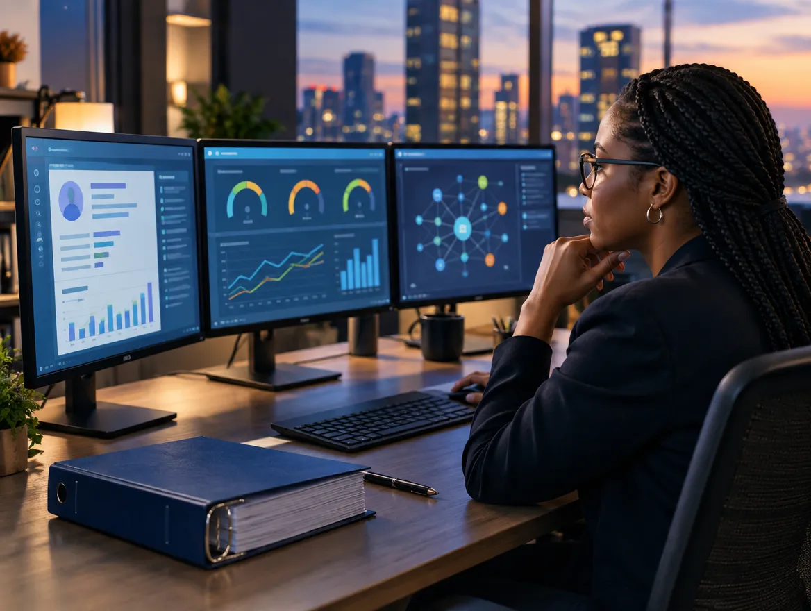 Analyst reviewing commercial lending dashboards on monitors at dusk
