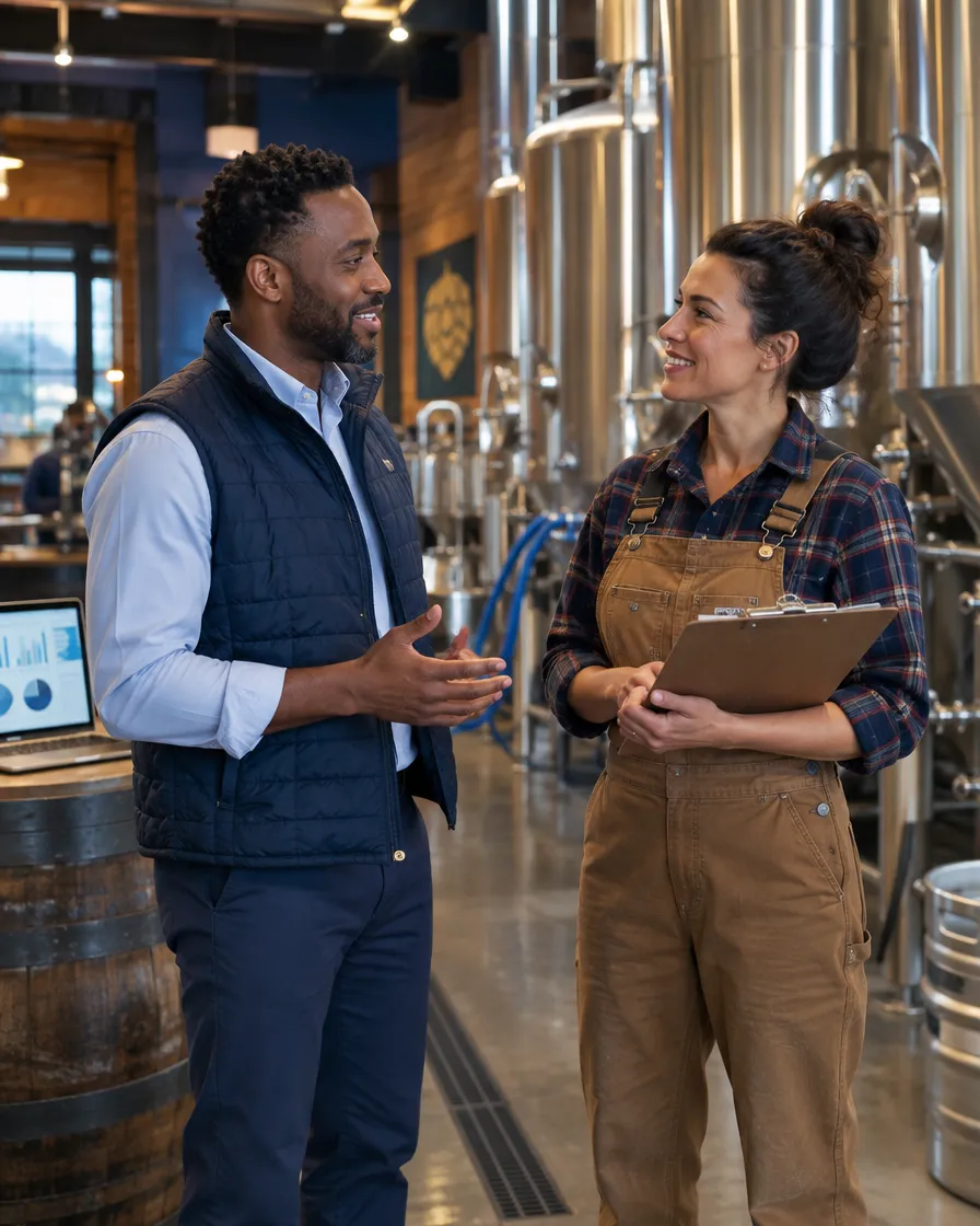 Lender talking with a business owner in her workshop