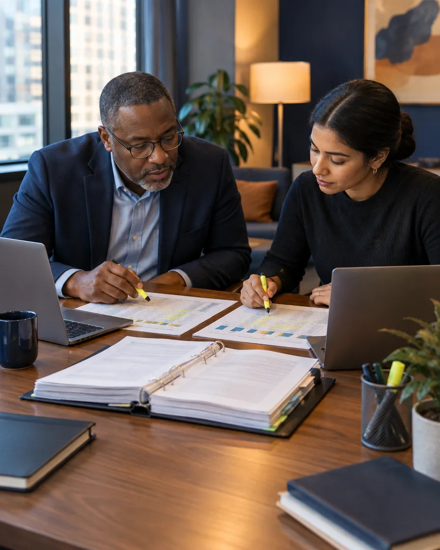 Two commercial lending specialists reviewing documents together