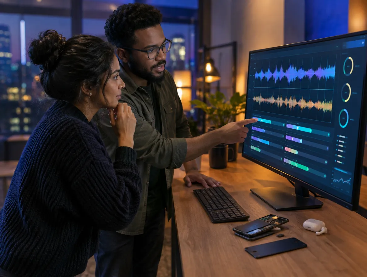 Two analysts reviewing product data on a monitor
