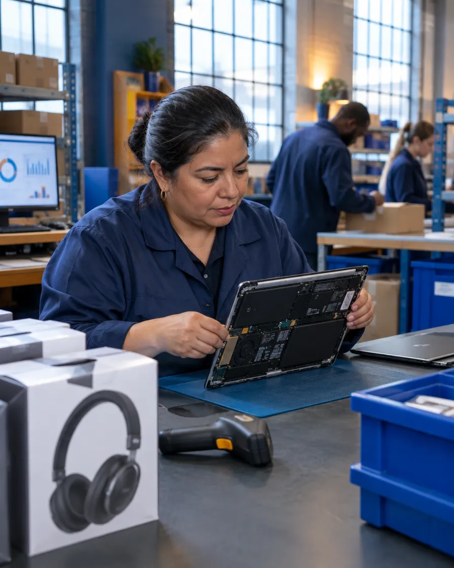 Technician inspecting headphones and electronics at a repair desk