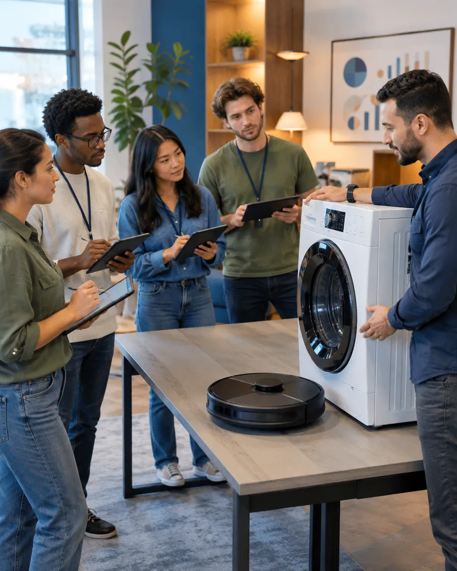 Team reviewing home appliances and a robot vacuum in a product lab