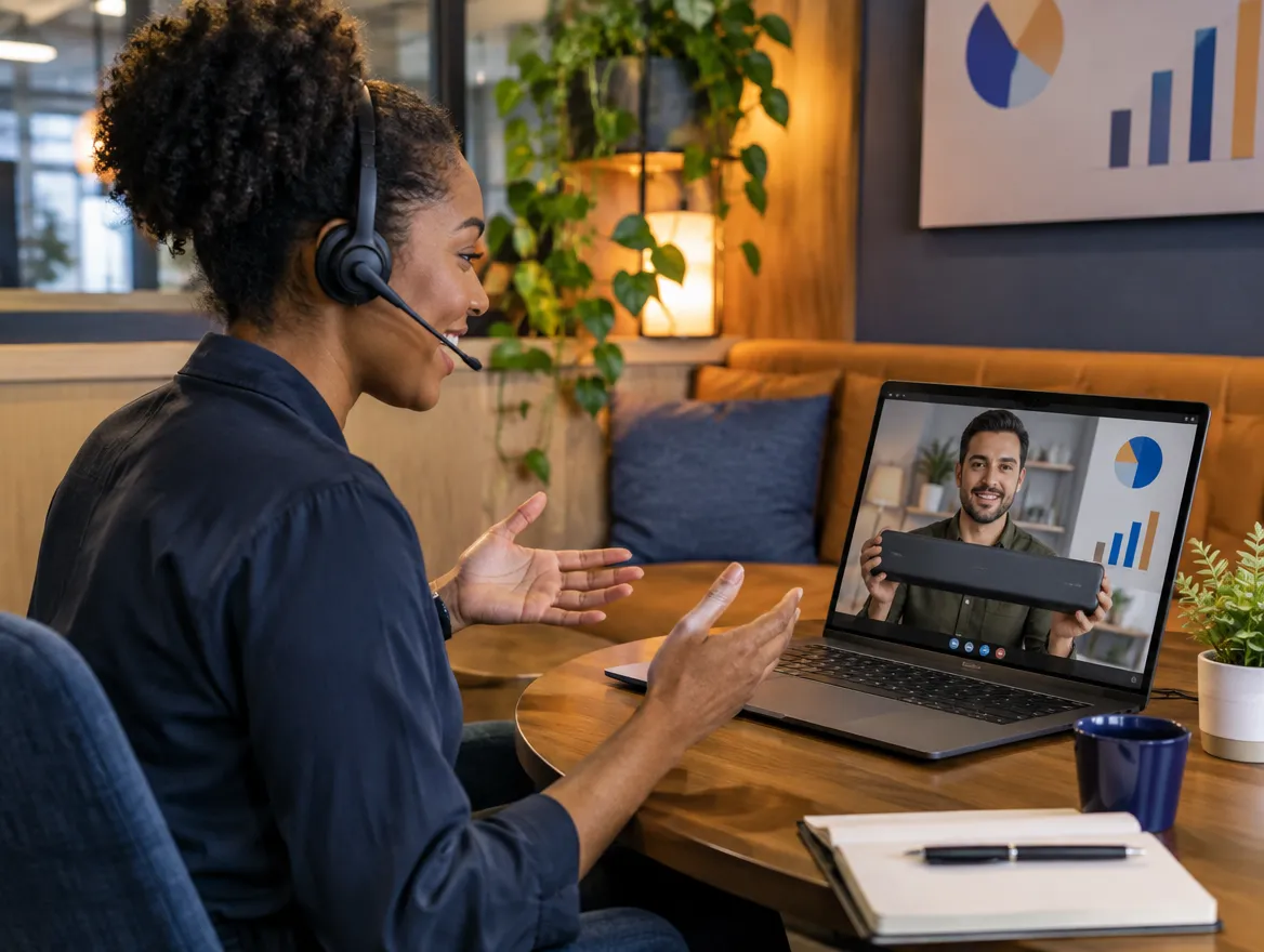 Electronics support agent in a headset on a video call