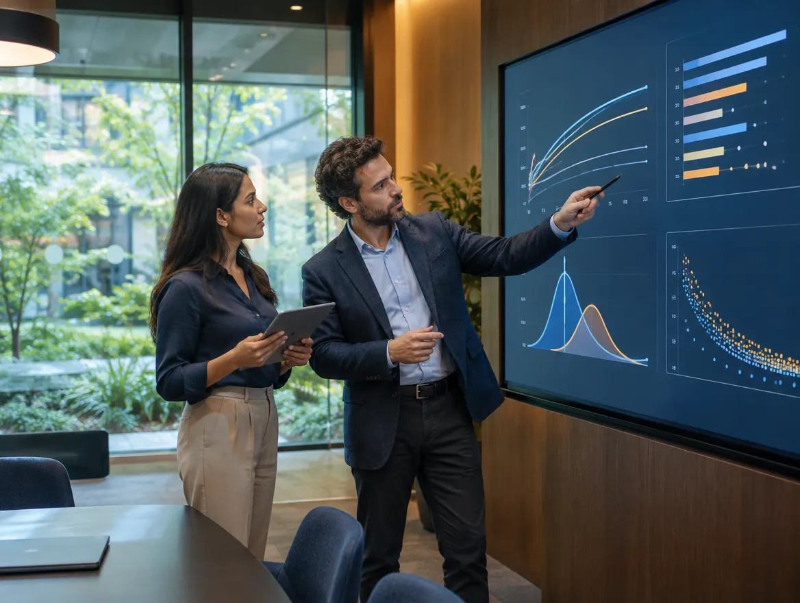 Two analysts discussing lending data on a large screen