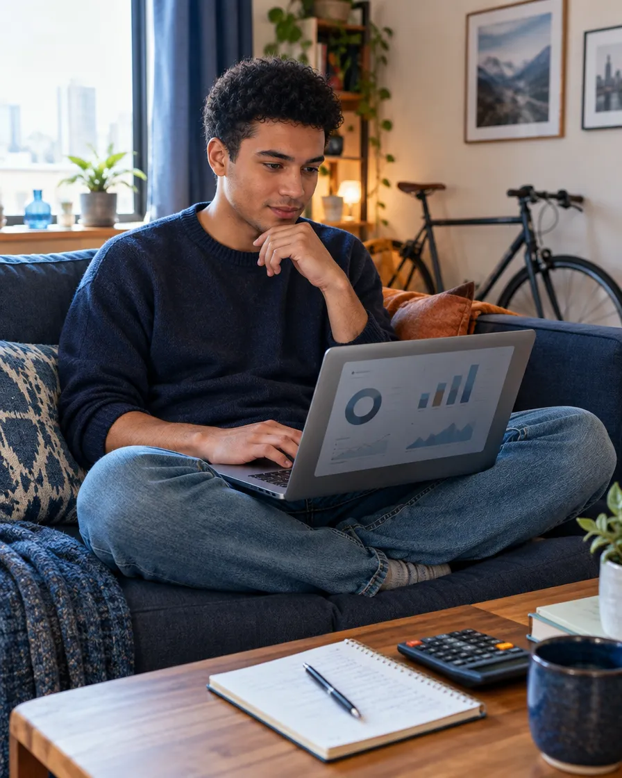 Man reviewing a loan offer on a laptop at home