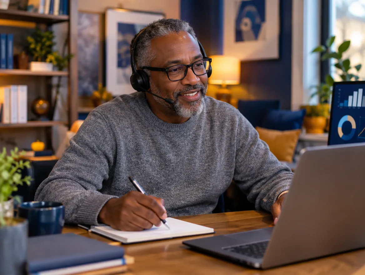 Lending agent in a headset taking notes during a call