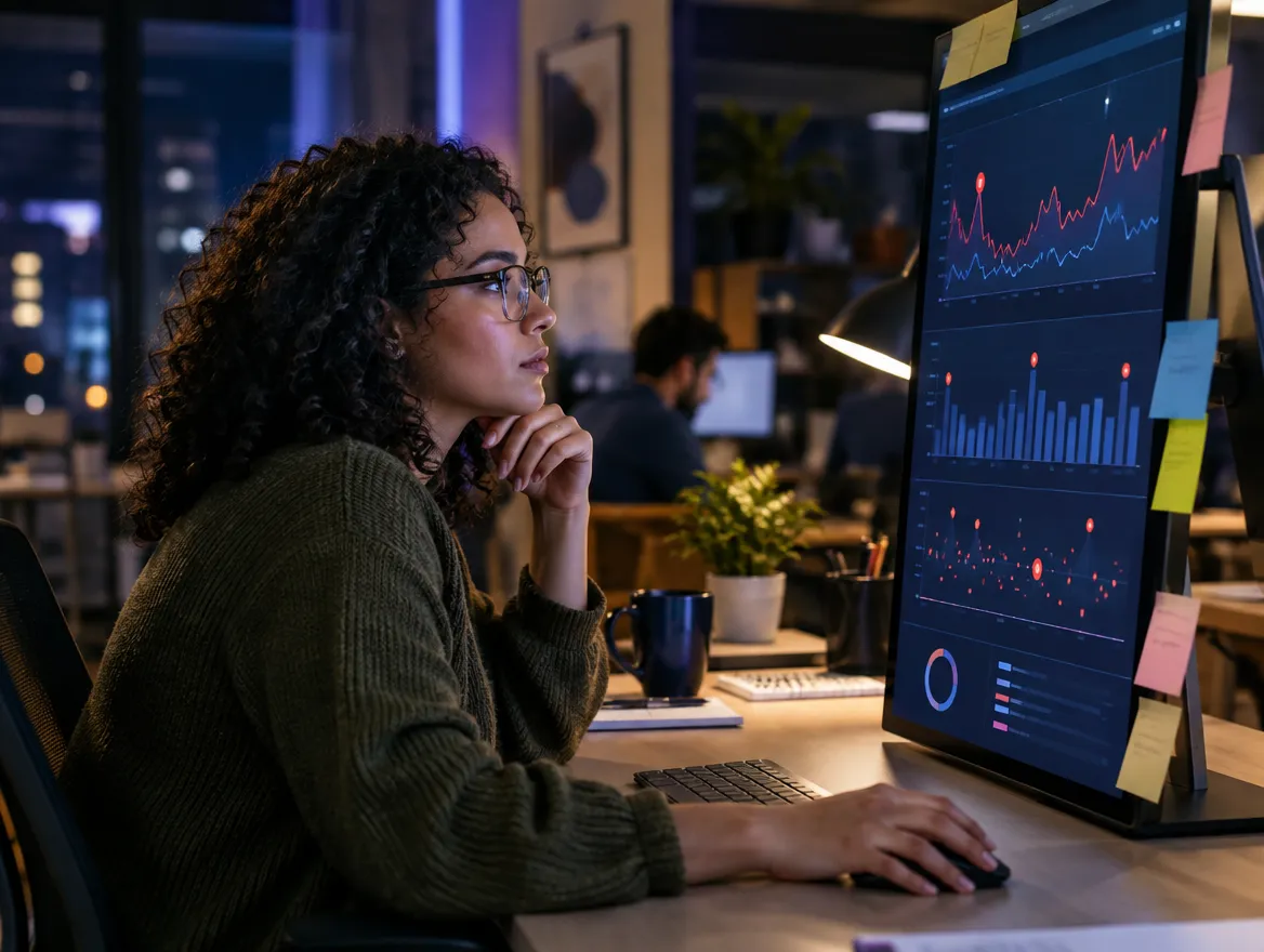 Claims analyst reviewing processing dashboards on monitors