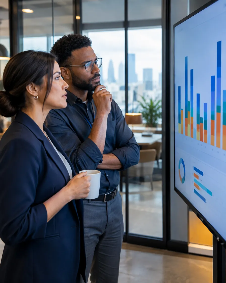 Two claims specialists reviewing data on a large screen