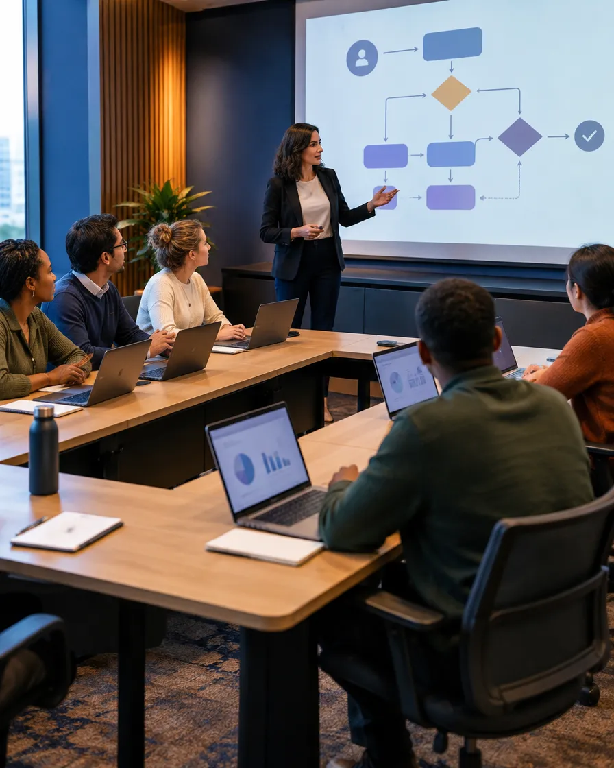 Claims processing team in a meeting with a workflow diagram on screen