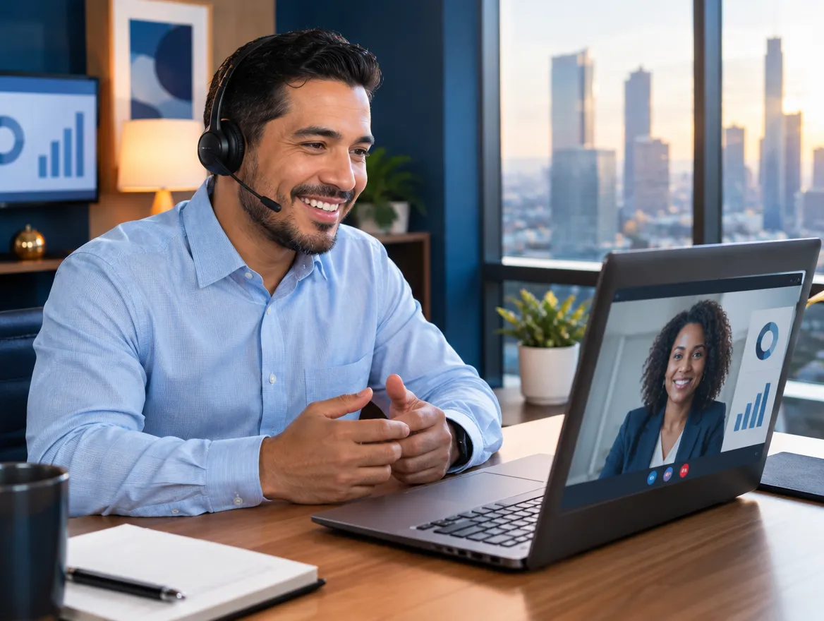 Claims agent in a headset on a video call with a client
