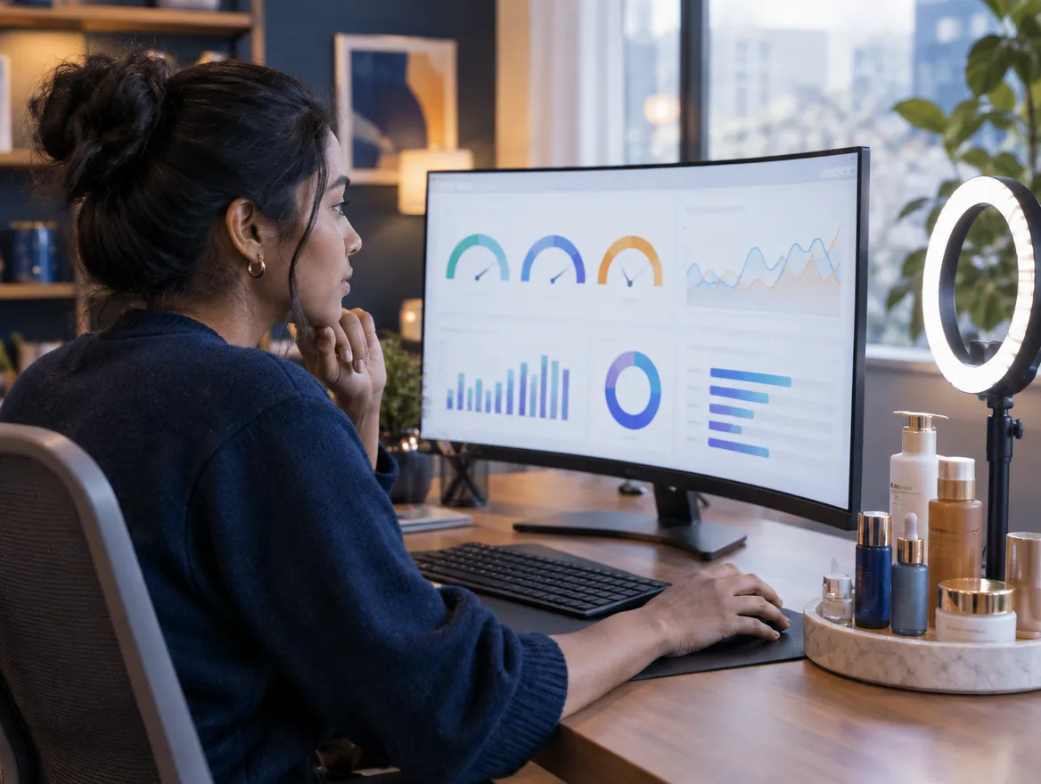 Analyst reviewing beauty product sales dashboards on a monitor