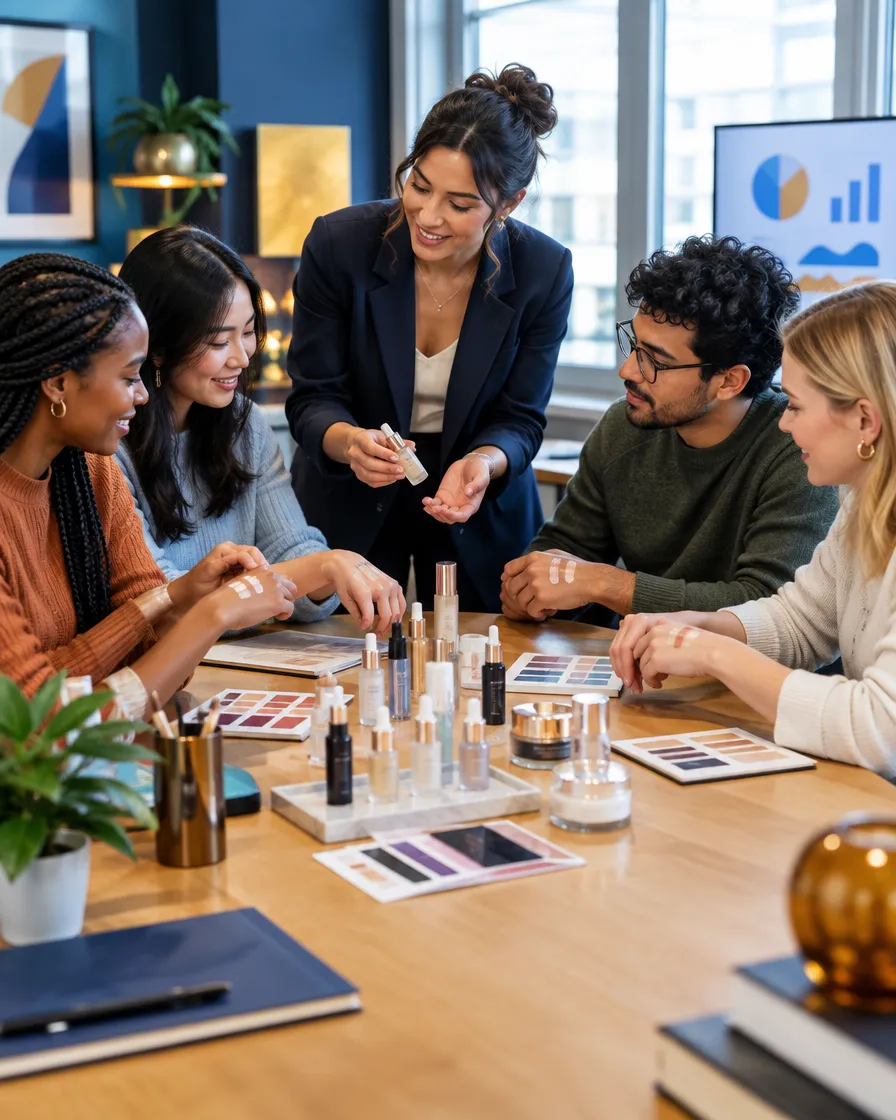 Beauty brand team reviewing product samples around a table