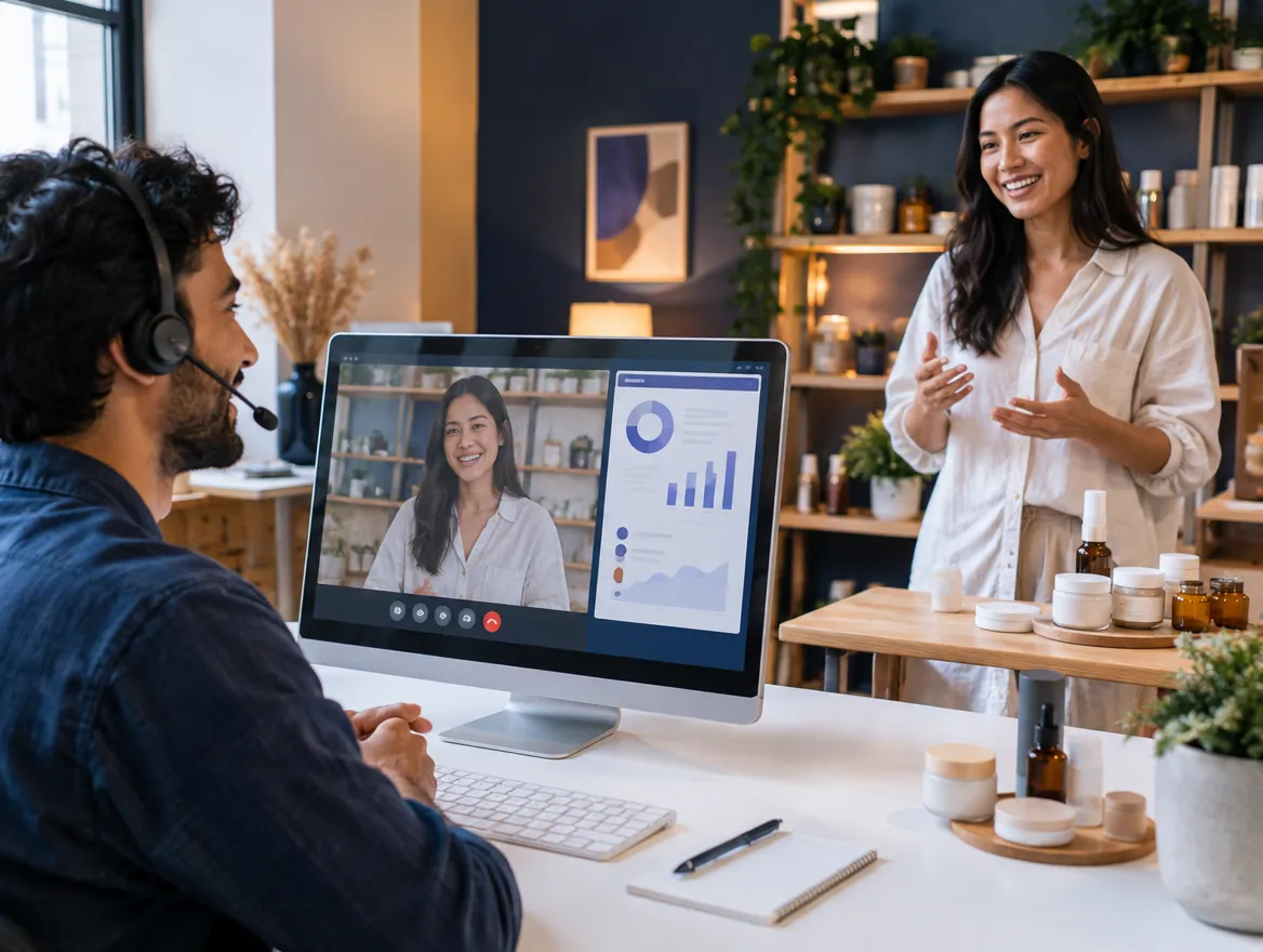 Beauty support agent in a headset on a video call with a presenter