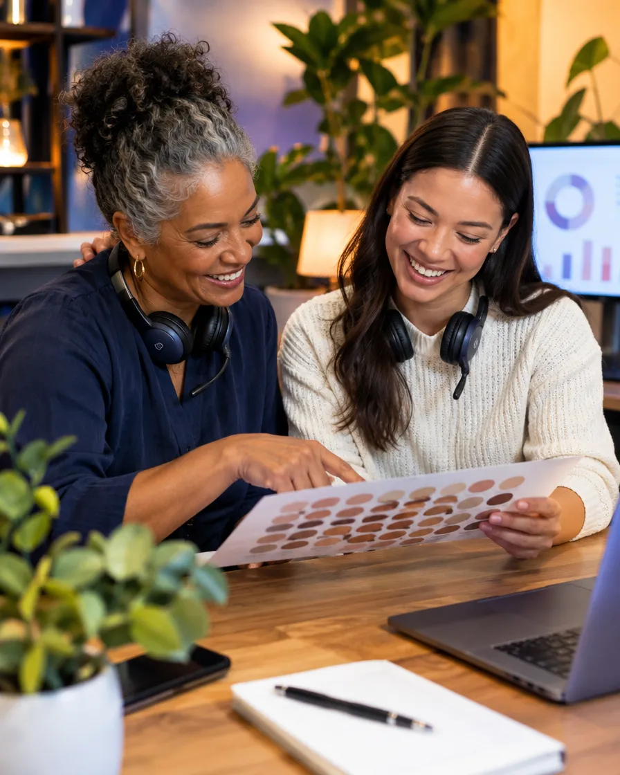Two beauty support agents reviewing a product catalog together