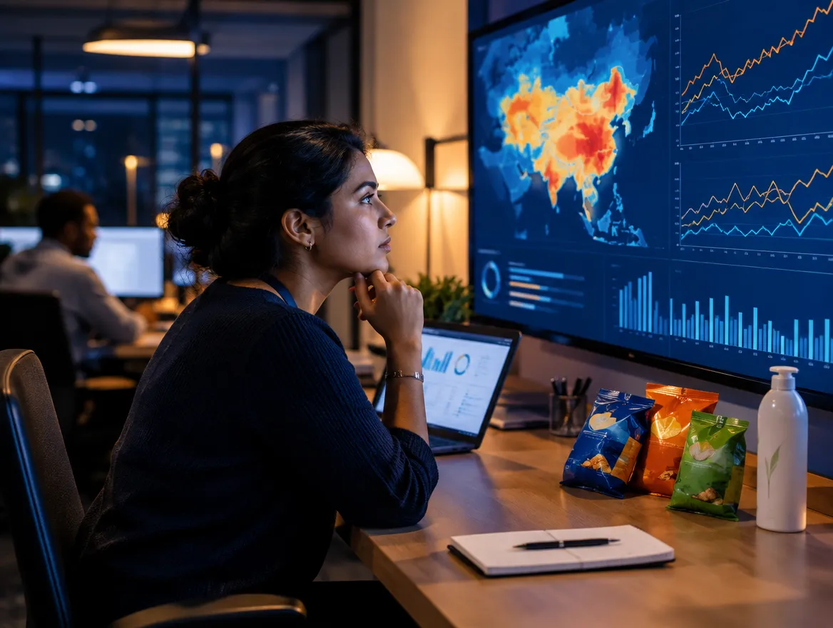 Analyst reviewing a product demand heatmap on a monitor next to snack packages