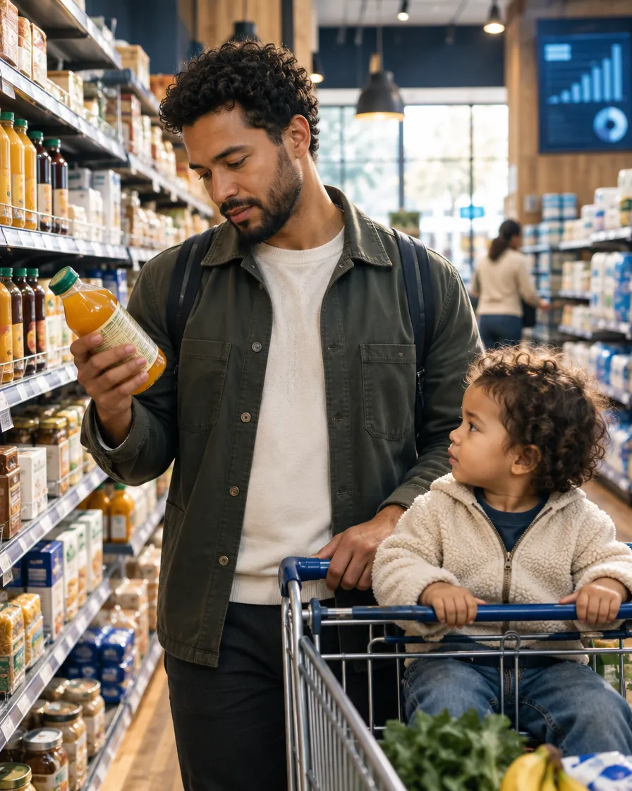 Father shopping for groceries with his child in a supermarket aisle