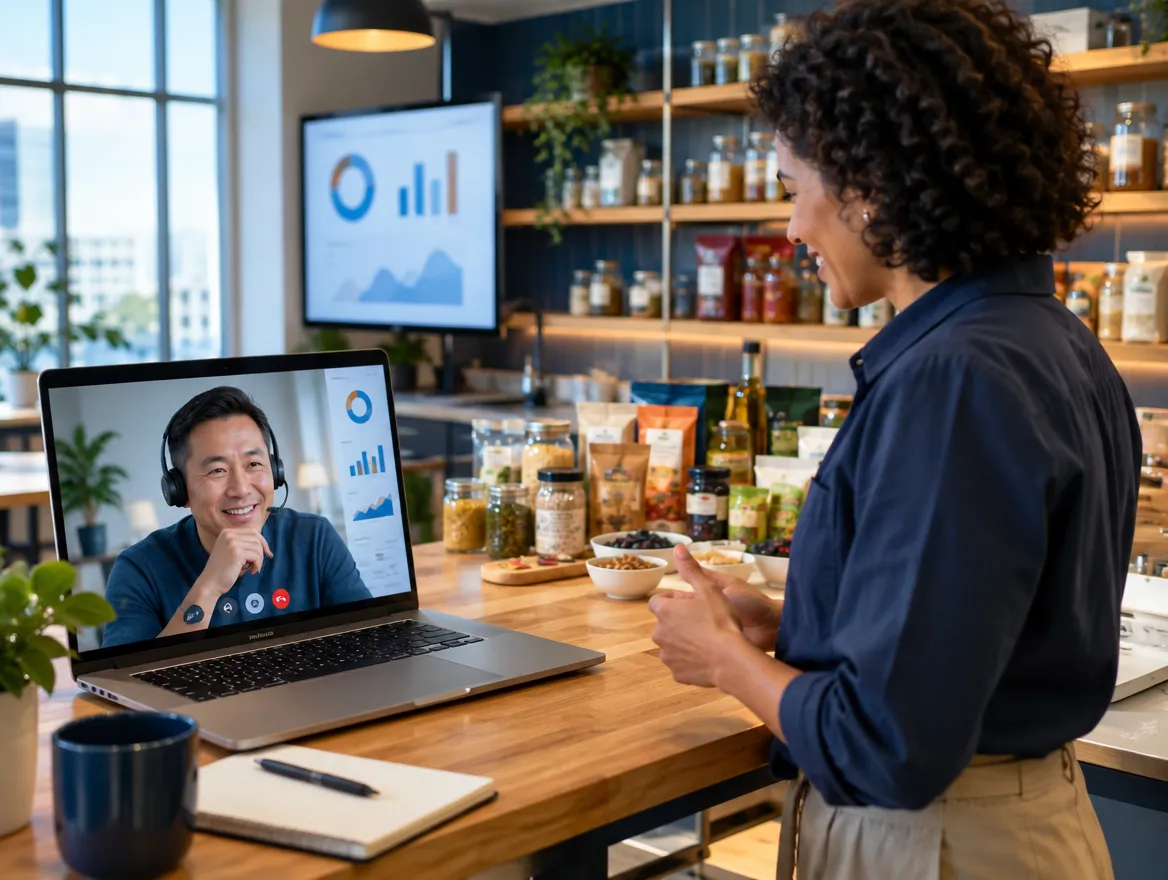 CPG support agent on a video call beside product shelves