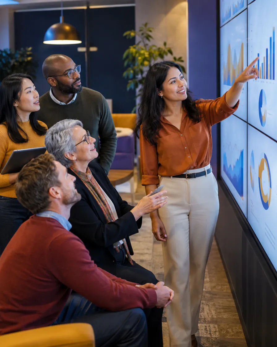 CPG team gathered around a presenter with data screens