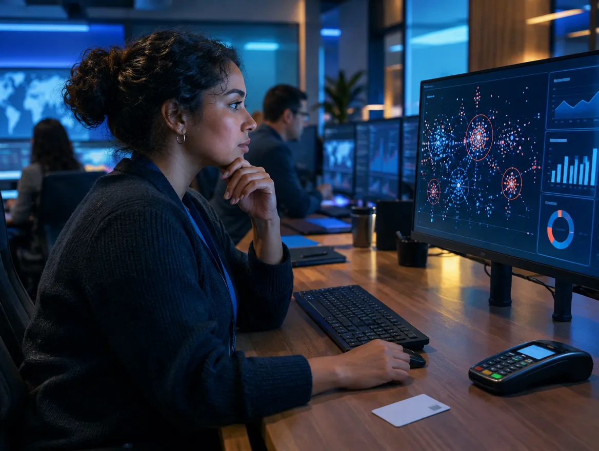 Analyst reviewing credit card transaction data on monitors