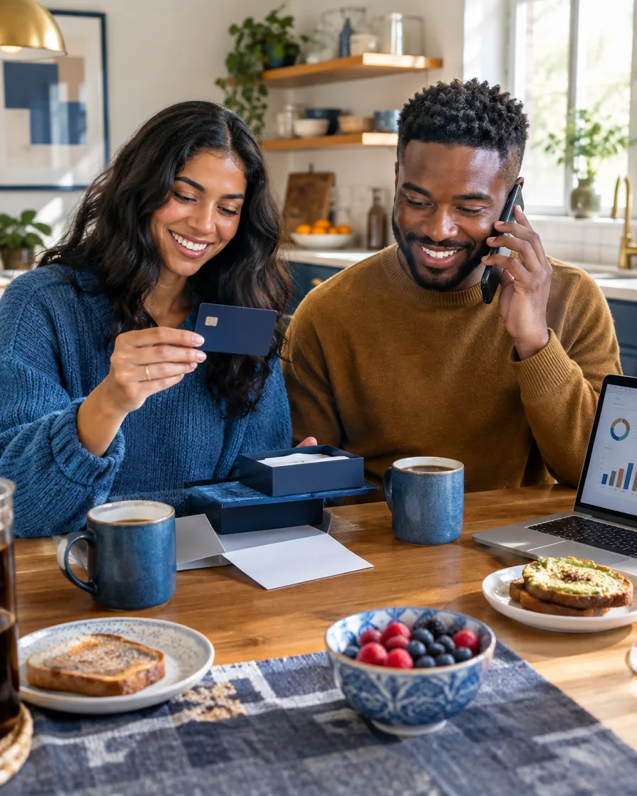 Couple reviewing a credit card statement at a breakfast table
