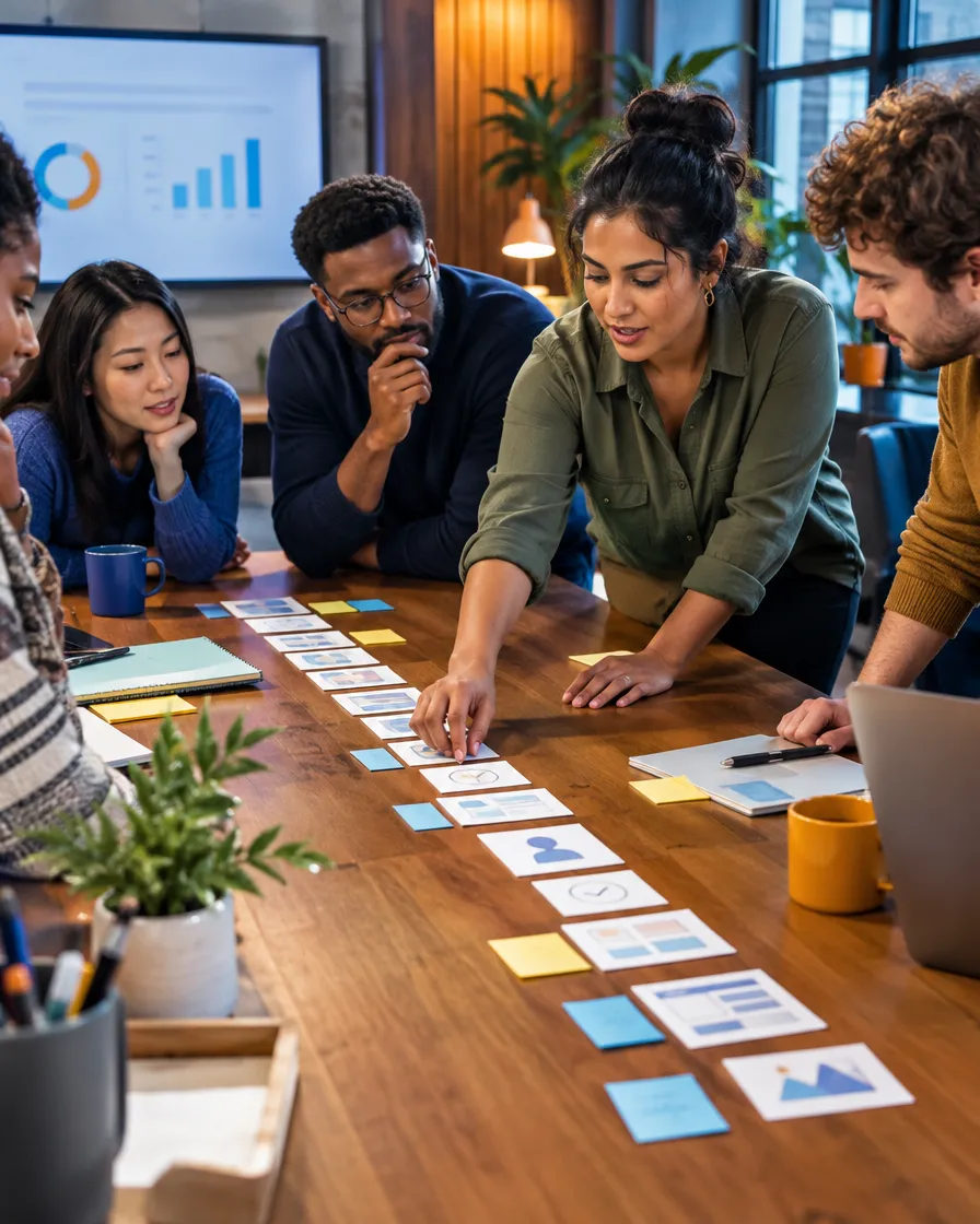 Credit card team sorting cards on a table during a planning session