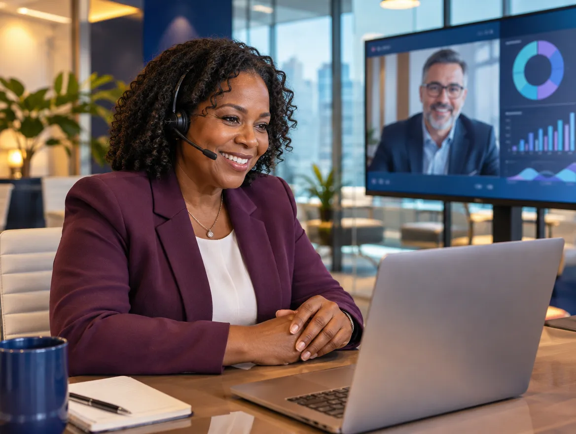 Smiling credit card support agent in a headset on a video call