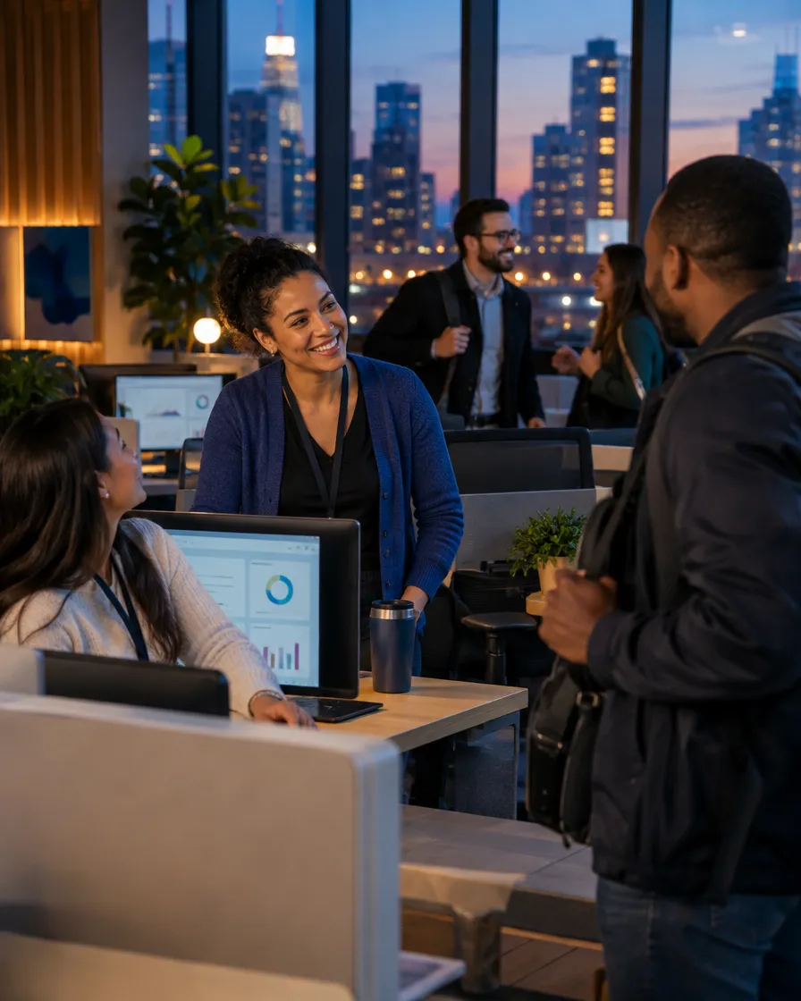 Credit card support team at their desks with a city view