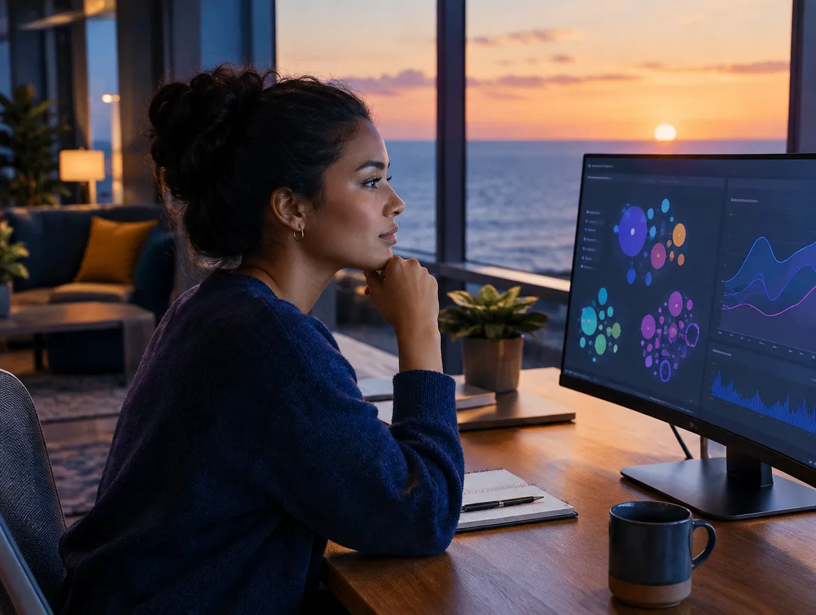 Analyst reviewing cruise booking data on a monitor with an ocean sunset view