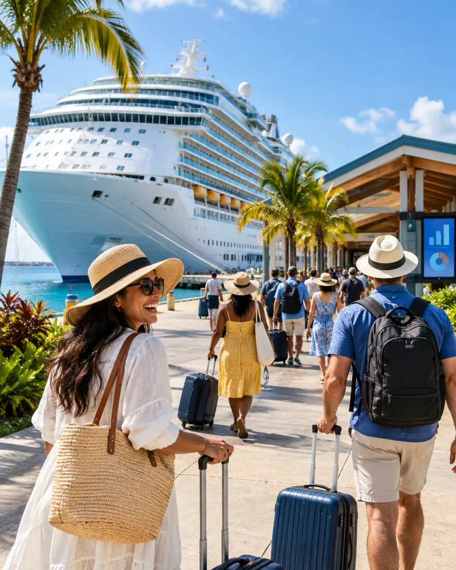 Passengers with luggage walking to a cruise ship at a tropical port