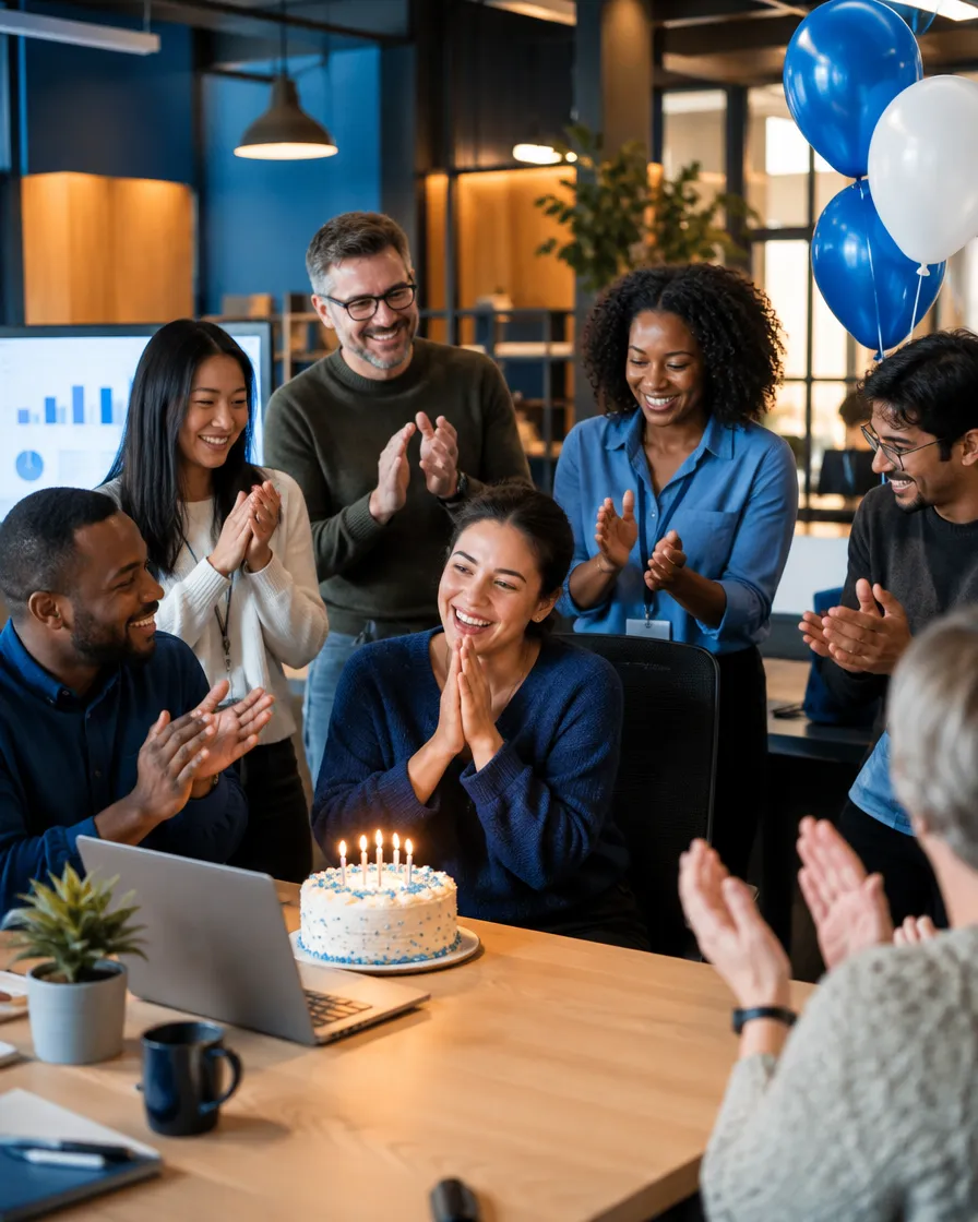 Cruise support team celebrating with cake and balloons