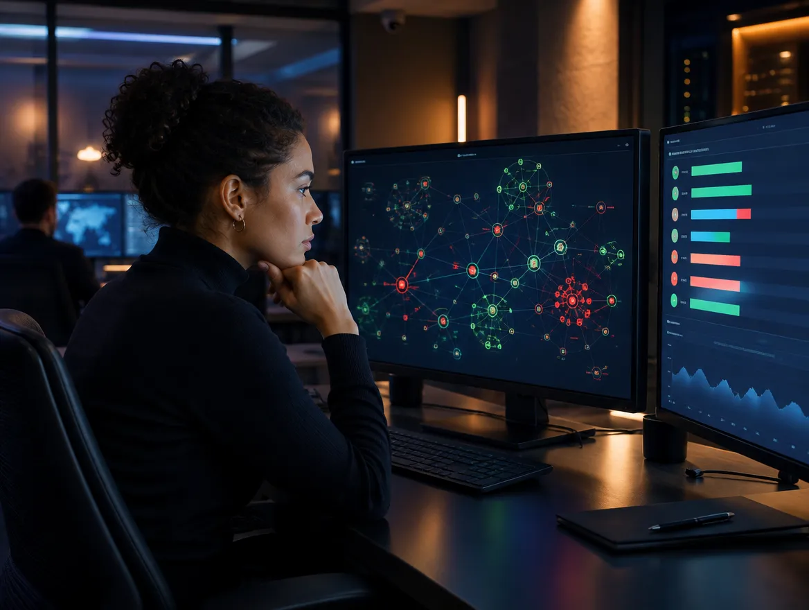 Analyst reviewing blockchain network data on monitors