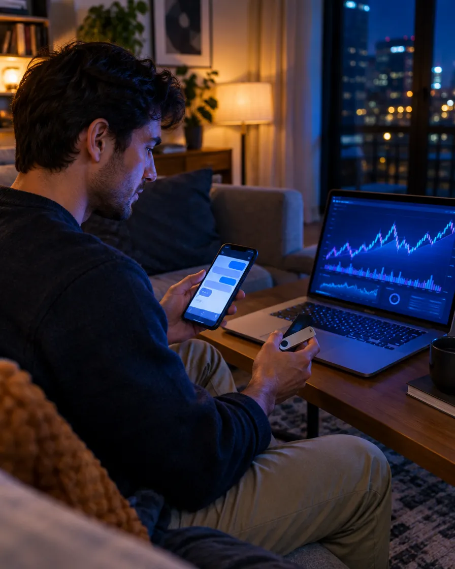 Man checking crypto charts on his phone and laptop