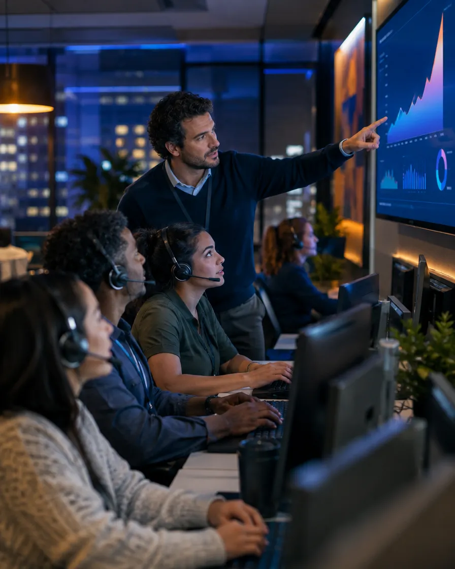 Crypto support team working at monitors with a trading chart on screen