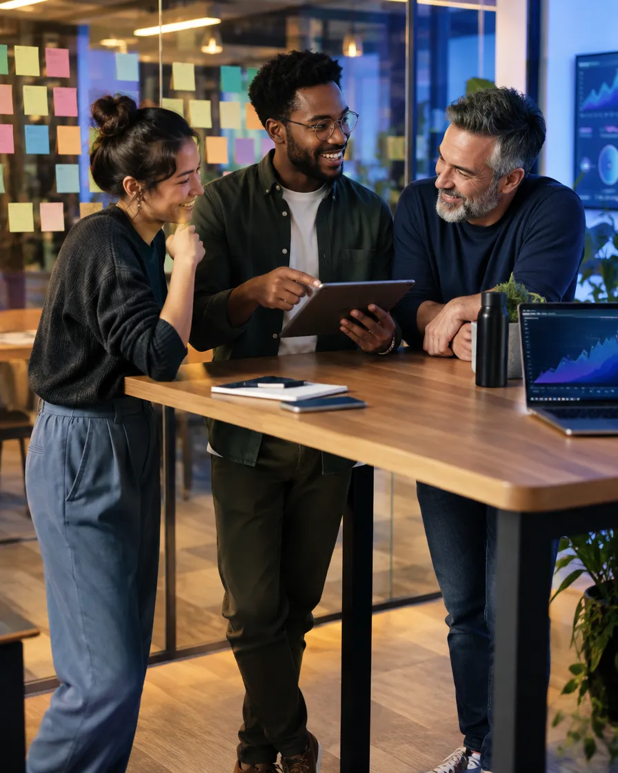 Crypto team discussing a tablet at a standing table