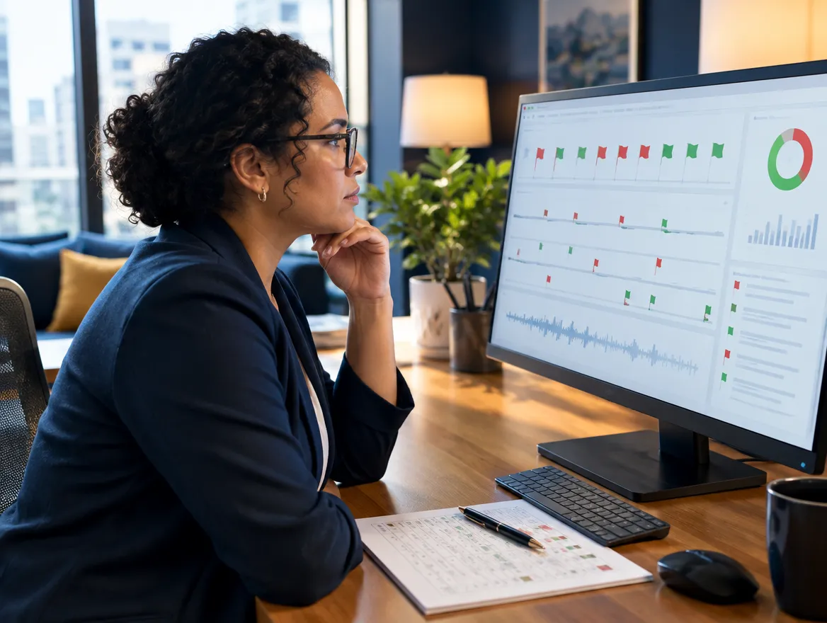 Analyst reviewing a payment status dashboard on a monitor