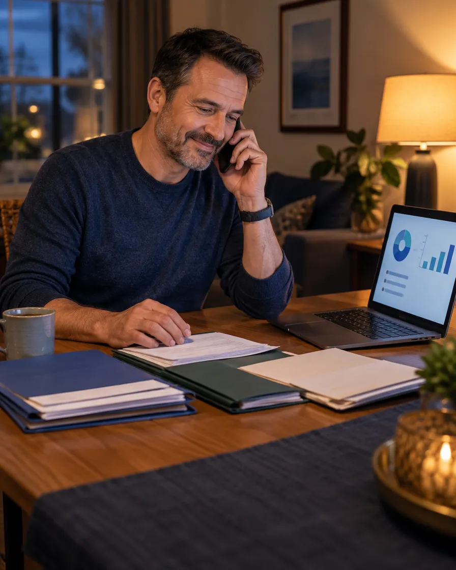 Man on the phone reviewing bills at a table