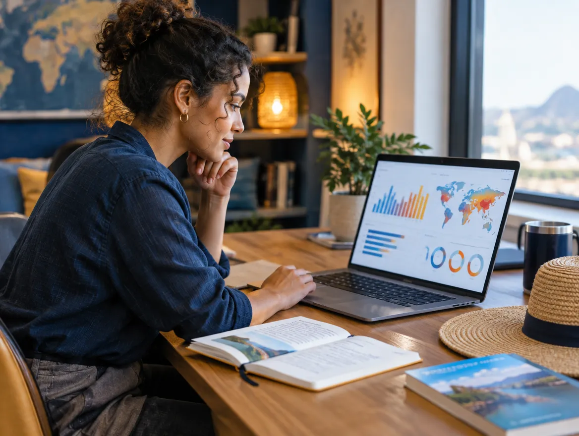 Travel planner reviewing a destination map on a laptop