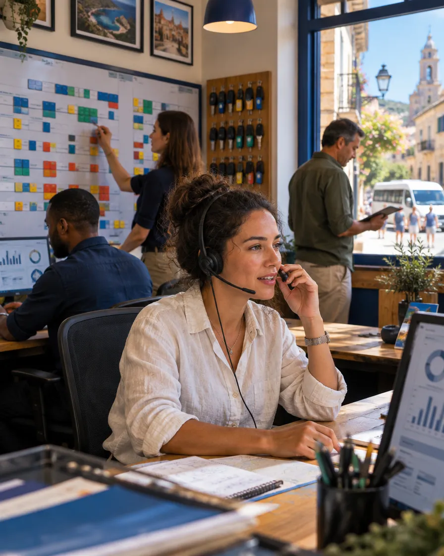 Destination management agent in a headset at a desk with a trip planning board