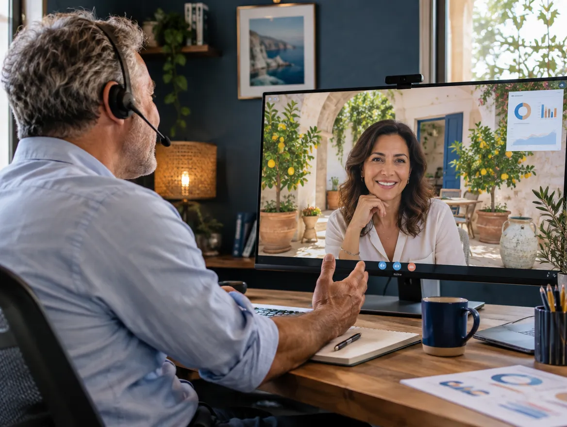 Travel coordinator in a headset on a video call with a client