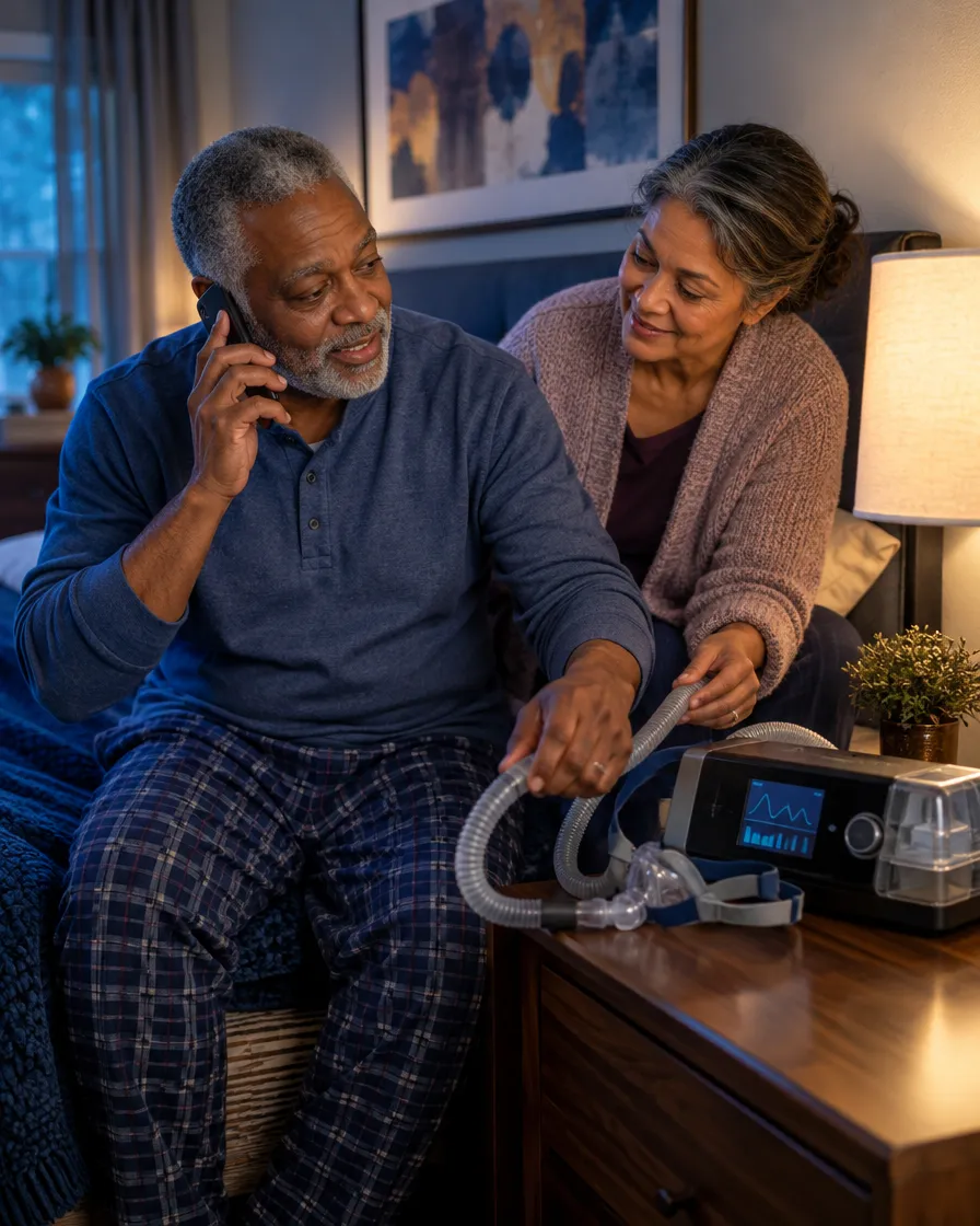 Senior man on the phone at home with a caregiver and a CPAP machine beside him