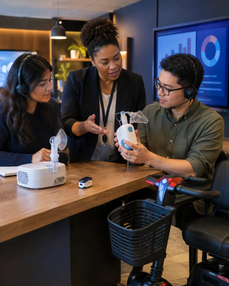 DME team examining a CPAP device together