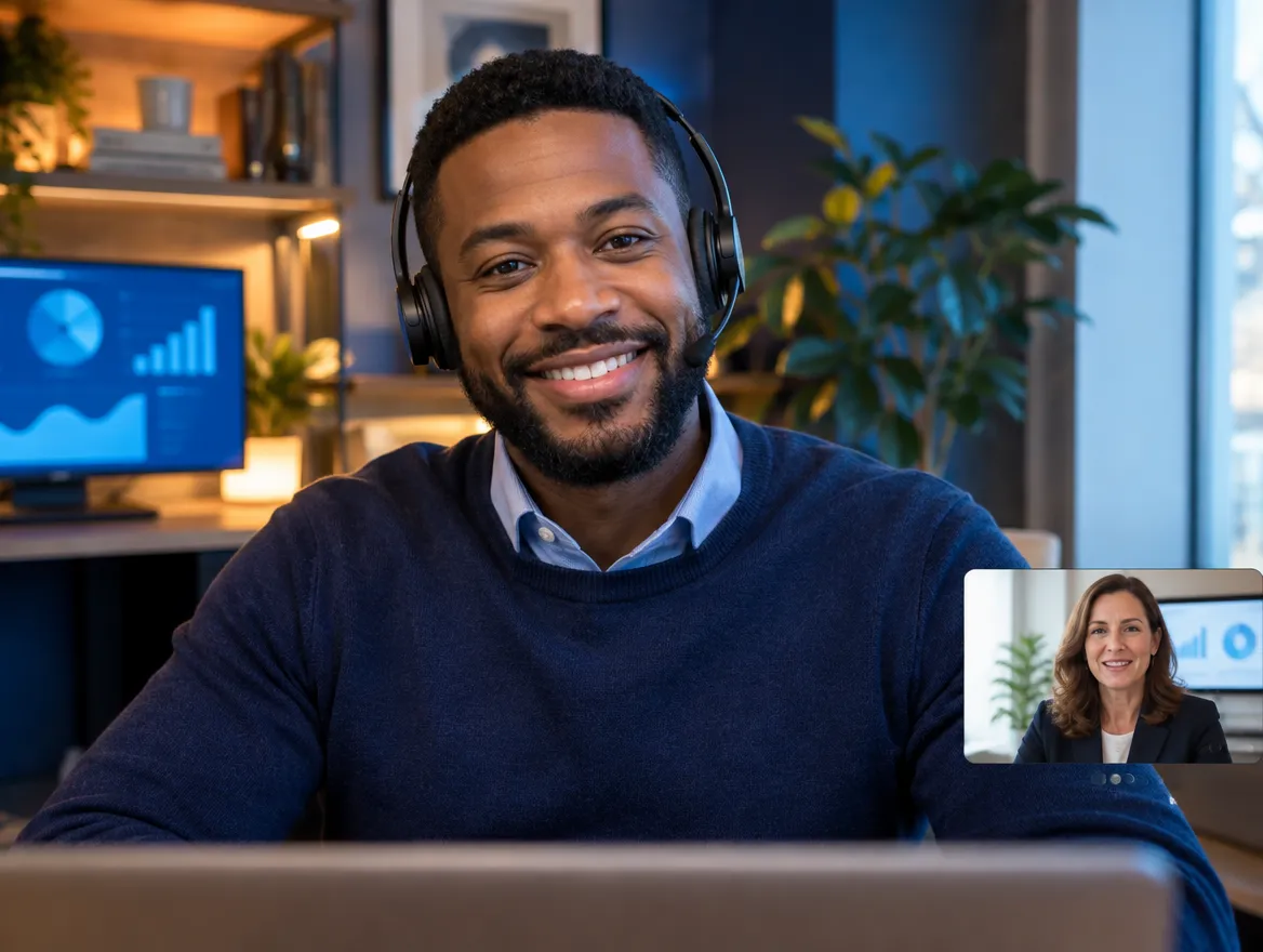 Smiling DME support agent in a headset at his desk