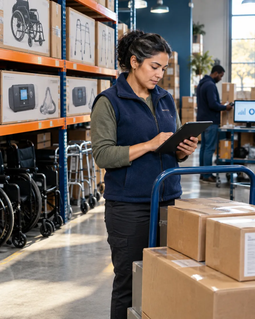 Warehouse worker with a tablet checking medical equipment inventory