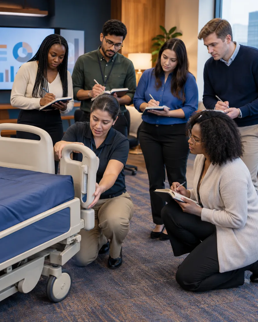DME team reviewing a hospital bed setup